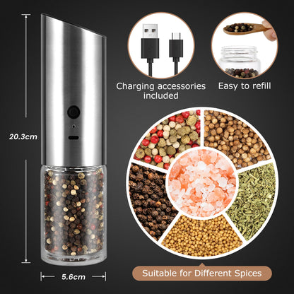 VEVOK CHEF Electric Salt and Pepper Grinder Set Rechargeable with LED Light Type-C Automatic Gravity Stainless Steel Pepper Mill Spice Grinder Adjustable Coarseness