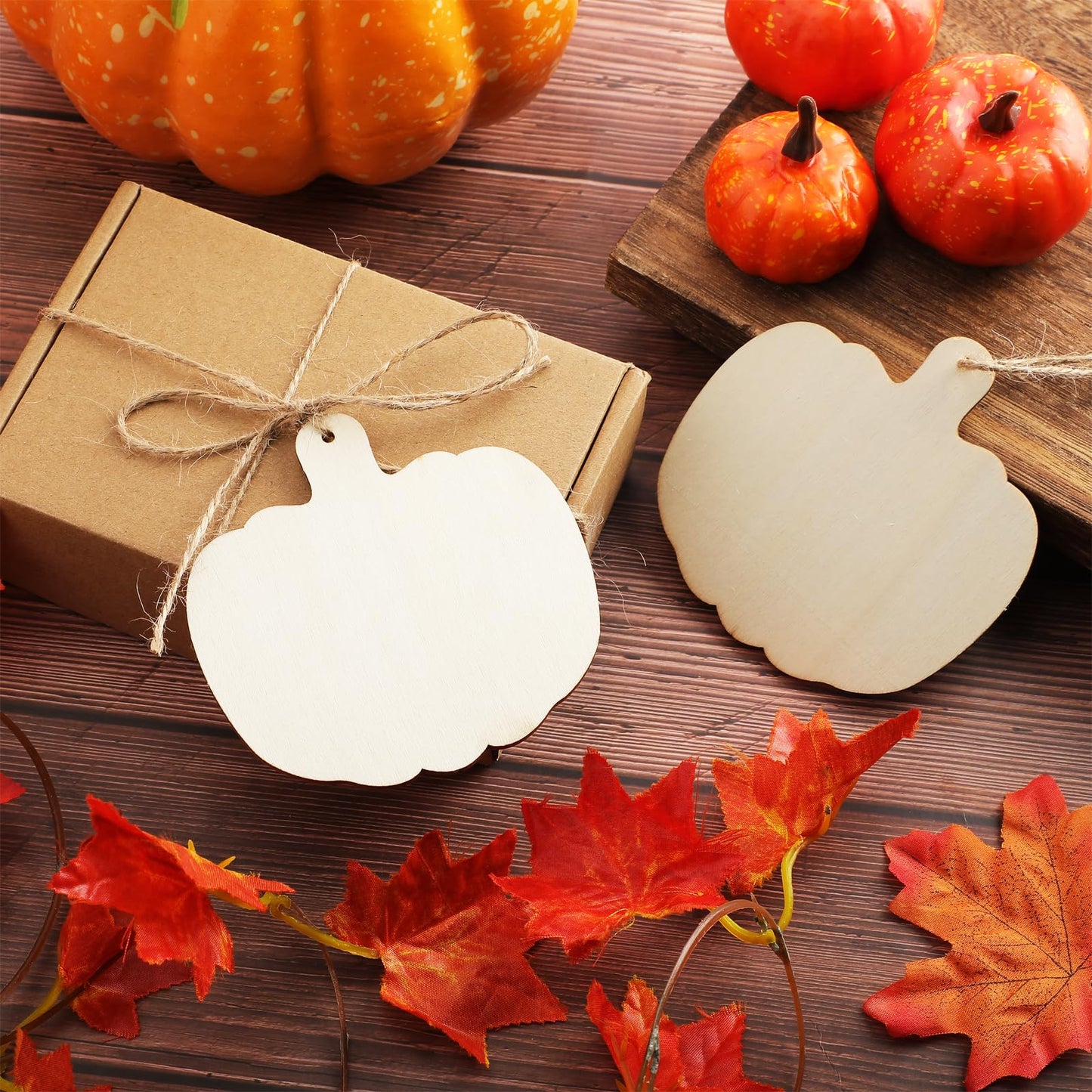 60 Pcs Wooden Pumpkin Cutouts Unfinished Pumpkin Wood Slices Blank Fall Wood Cutouts with Hole Wood Thanksgiving Hanging Ornament with Rope for DIY Crafts Halloween Autumn Harvest Decor,3.86x3.94