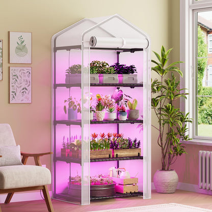 Superlele Mini Greenhouse with Grow Light, 4 Tier Greenhouse for Indoor Outdoor, 27"x19"x62" Portable Plant Green House with 4pcs LED Grow Light, Grow Tent for Seedlings, Flowers & Herbs, White