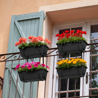 FANSXIVITA Rectangle Planters Box, 4 Pack Deck Hanging Planters for Railings, Window Box Planter with Drainage Holes & Trays, 16.9 Inch Balcony Planters Railing Hanging with Metal Brackets, Black