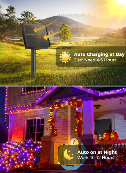 Minetom Halloween Solar String Lights - 400 LED, 8 Lighting Modes, IP65 Waterproof, 40 FT 4 Pack, Orange and Purple