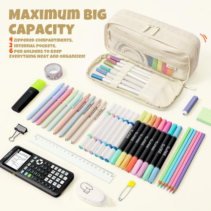 SUNEE Pencil Case, Large Capacity Pencil Pouch, Aesthetic Big Pen Bag, Soft Corduroy Fabric Pen Box for Office Stationery Organizer School Supplies Multifunctional for Teen Boys Girls Women Men, Cream