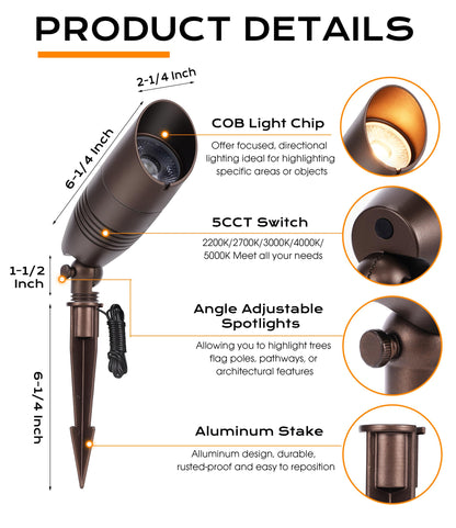 CLOUDY BAY 9W 5CCT LED Landscape Lighting Low Voltage (AC/DC 12V) Outdoor Spotlights with Spike Stand,Waterproof Pathway Lights,2200K/2700K/3000K/4000K/5000K Selectable,Pack of 4,Bronze