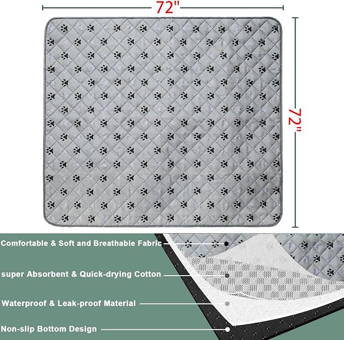 JERIA 2 Pack 72"x 72" Waterproof Non Slip Wee pad，Reusable Washable Pee Pads for Dogs，Absorbent and Leakproof Training Mats for Potty, Bed, Sofa, Potty Training