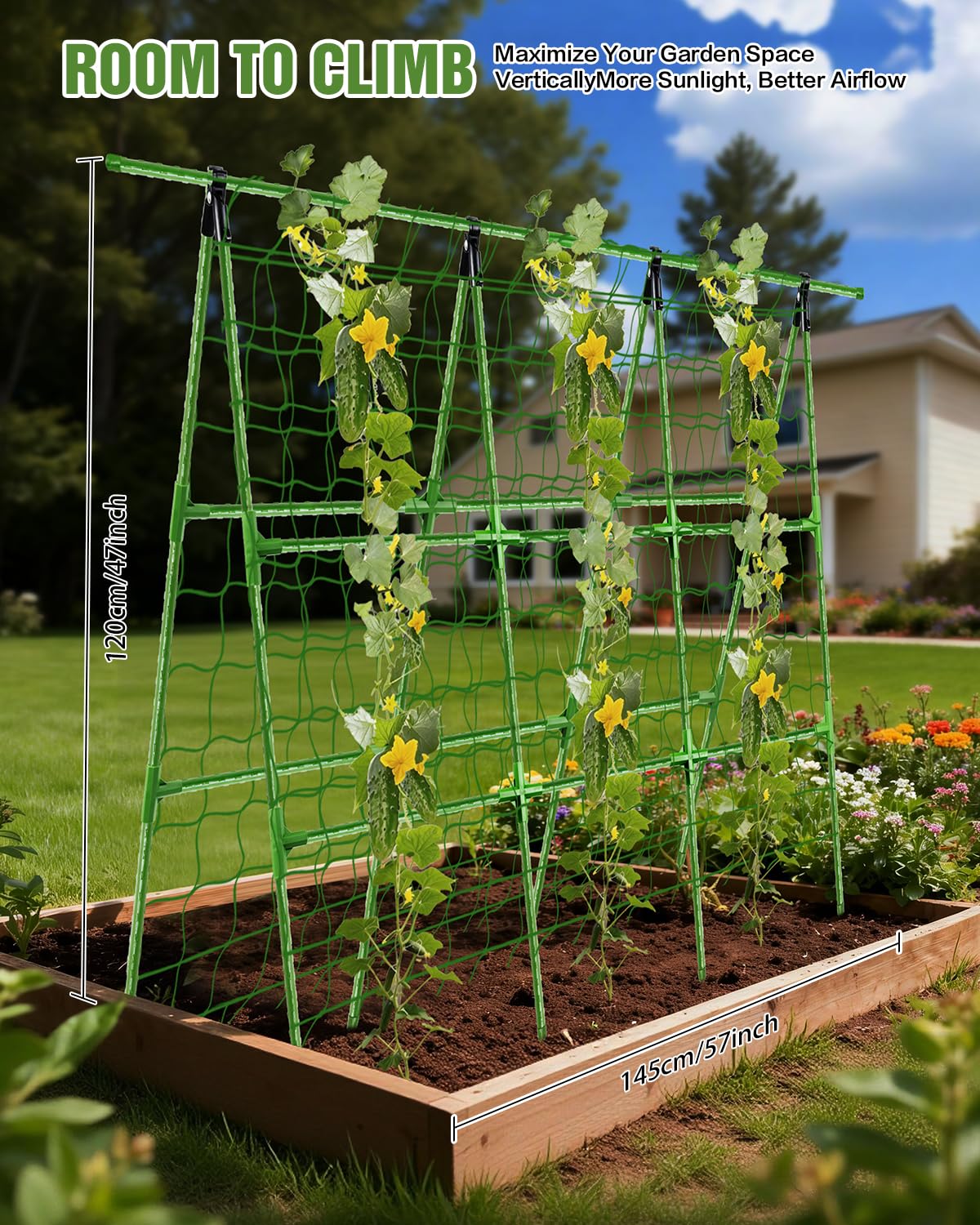 Joyhalo A-Frame Cucumber Trellis for Raised Beds, 47" Hx 57" L Adjustable Size, Garden Trellis for Climbing Plant Outdoors with Climbing Net and Plant Support Clip for Vegetable Vine Pea Bean Tomato