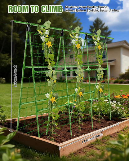 Joyhalo A-Frame Cucumber Trellis for Raised Beds, 47" Hx 57" L Adjustable Size, Garden Trellis for Climbing Plant Outdoors with Climbing Net and Plant Support Clip for Vegetable Vine Pea Bean Tomato