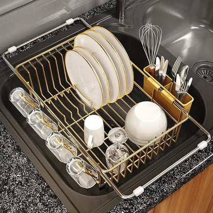 MAJALiS Gold Dish Drying Rack Over The Sink with Utensil Holder | Expandable Stainless Steel Dish Drainer for Small Kitchen, Apartment, RV, Counter Space Saving, Perfect Fit, Rustproof