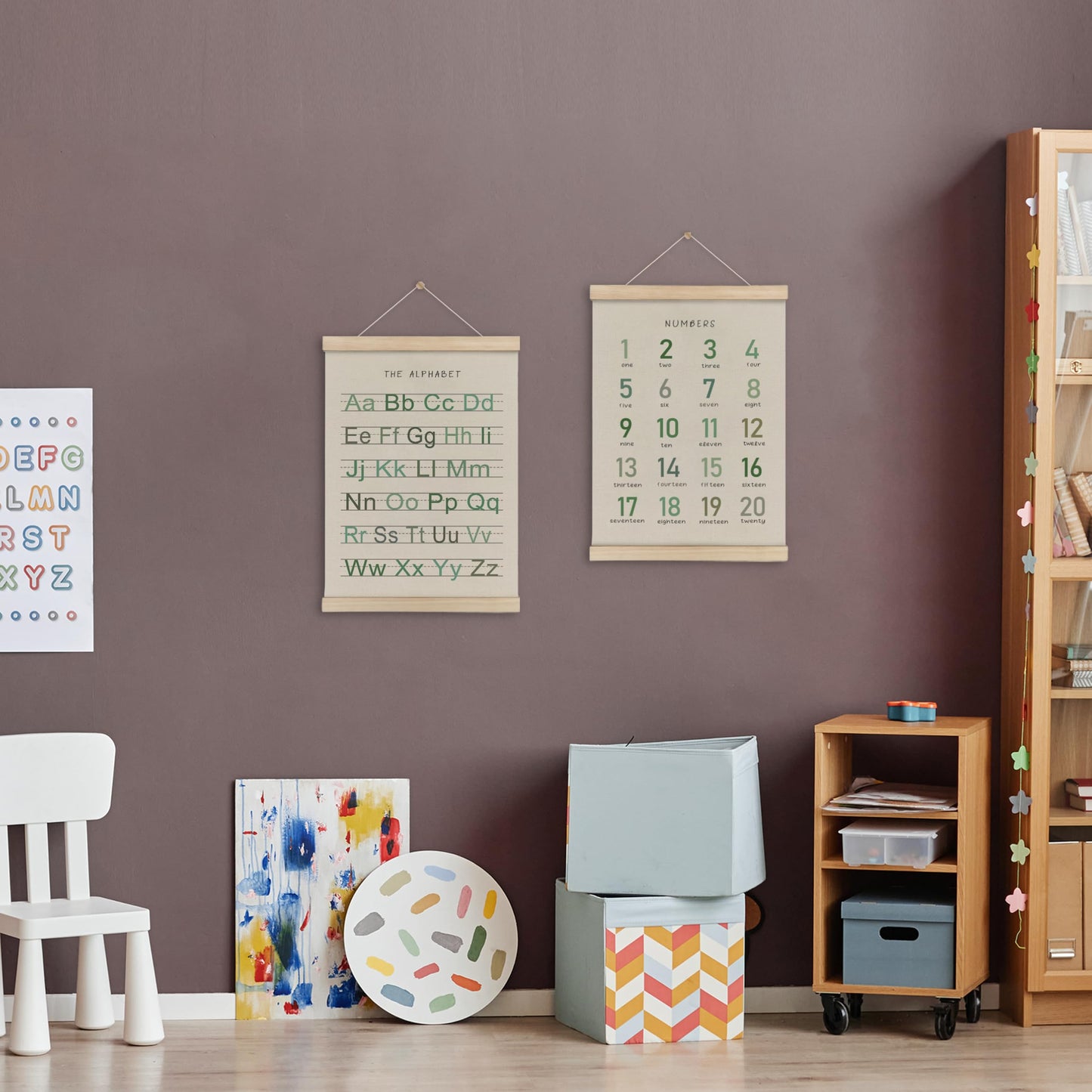 HRQKO Alphabet Numbers Poster Hanger Frame Set of 2, Nursery Wall Decor, Boho ABC Poster Wall Art with Wooden Frames, Sage Green Alphabet Banner Wall Hanging Decor for Toddler Playroom, 12x16 Inch