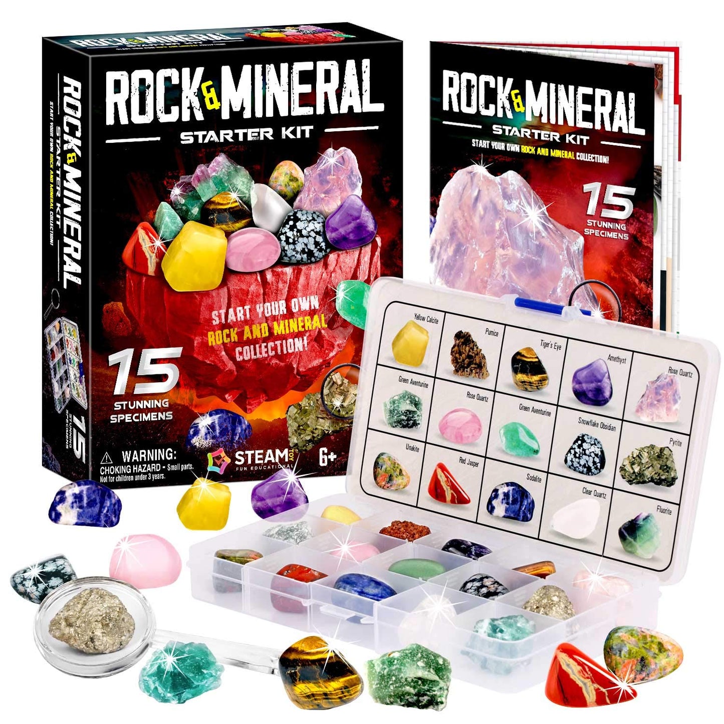 Rocks Collection - 15-Piece Rock Collections for Kids - Cool Geology Gem Kit with Identification Sheet - Gemstones Set Box with Learning Guide and Storage Case - Educational Gift for Kid