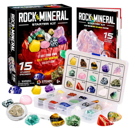 Rocks Collection - 15-Piece Rock Collections for Kids - Cool Geology Gem Kit with Identification Sheet - Gemstones Set Box with Learning Guide and Storage Case - Educational Gift for Kid