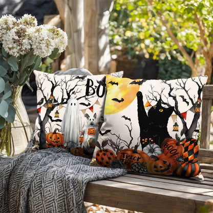 Wnoesat Halloween Outdoor Pillow Covers 18x18 Set of 2 Black Cat Pumpkin Moon Bat Throw Pillow Cases Ghost Spooky Boo Dog Skull Pillowcase Fall Holiday Decor for Home Sofa Couch
