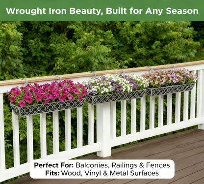 Y&M 4Pcs 36'' Railing Planter Box Set with Adjustable Brackets, Large Hanging Window Boxes for Fence, Deck, Balcony, and Garden, Gray Metal Frame with Black Nonwoven Fabric Liner