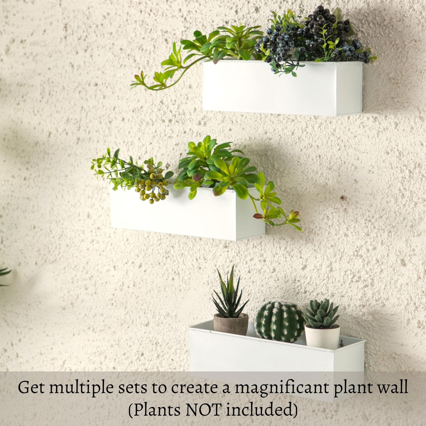 LaLaGreen Wall Planter for Indoor Plants (3 Pack, 16 Inch) Large Wall Mount Planters for Succulent, White Rectangular Metal Hanging Flower Pot, Long Window Sill Box Fence Rail Balcony Floating Shelve