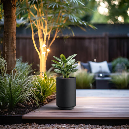 Kante 15.7 Inch Tall Concrete Planter, Round Pedestal Design Garden Pot for Indoor Outdoor Plants, Modern Garden Pot with Drainage Hole, Black Finish with Painted Interior