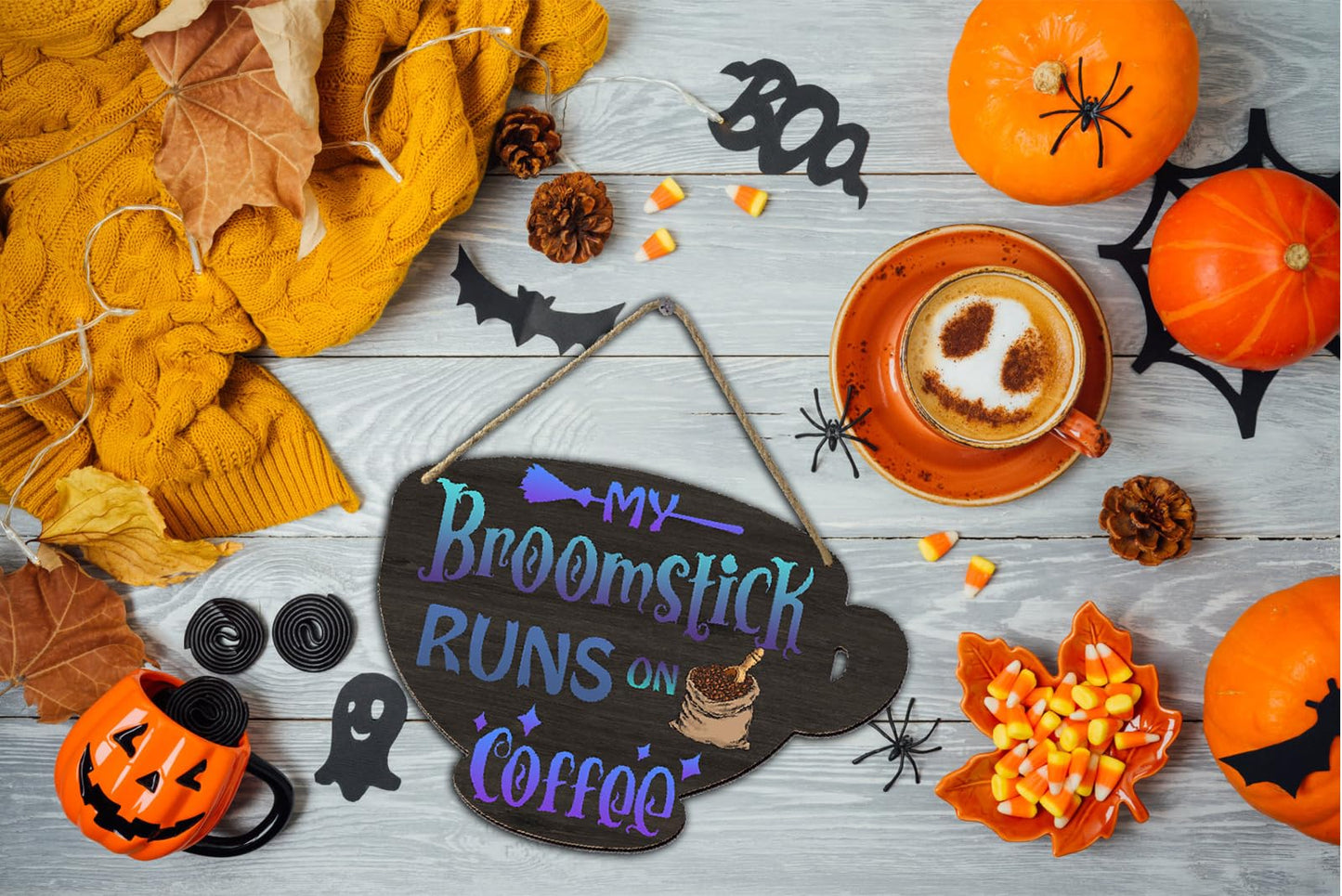 Halloween Witches Coffee Wood Sign My Broomstick Runs on Coffee Wood Plaque Rustic Hanging Sign for Home Coffee Bar Coffee Station Coffee Bar Table Coffee Bar Tiered Tray Wood Signs 4.8x6.78 Inch
