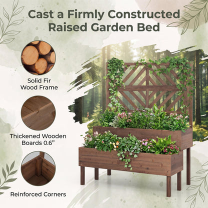 Giantex Raised Garden Bed with Trellis, 2-Tier Standing Planter Box with Legs and Drain Holes, Outdoor Elevated Garden Trellis for Vine Climbing, Flower Vegetable Fruit Herb Growing, Coffee Brown