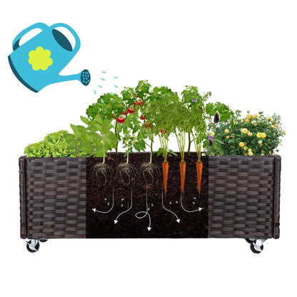 Chonsun Raised Garden Bed with Wheels - Rattan Wicker Elevated Raised Garden Bed Outdoor Raised Planter Box for Vegetables Grass Lawn Yard, 38 x 14.5 x 12 in, Brown
