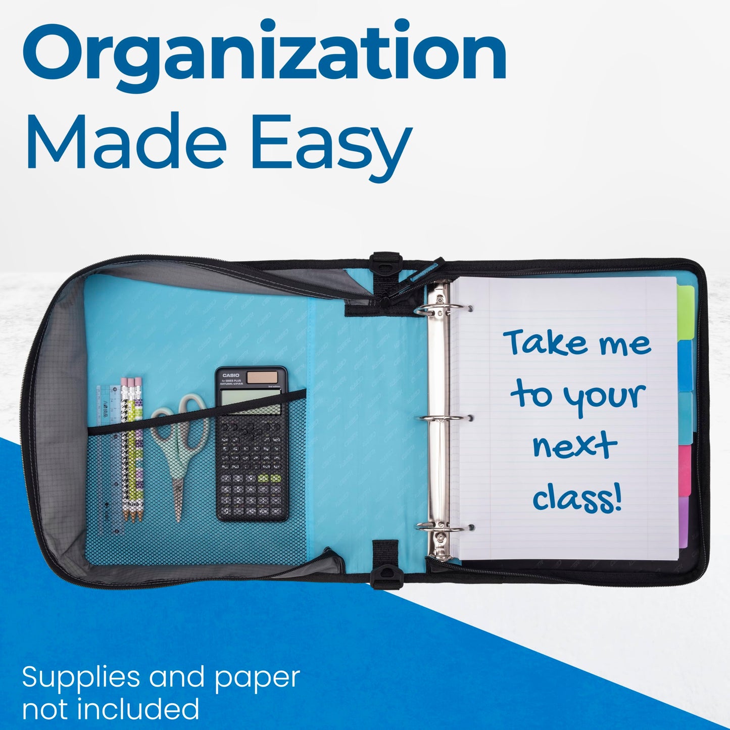 Case-it Classic Zipper Binder | 2-Inch O-Rings, 350 Sheet Capacity, Multiple Storage Pockets & Shoulder Strap | School & Office Organizer | D-251 Teal
