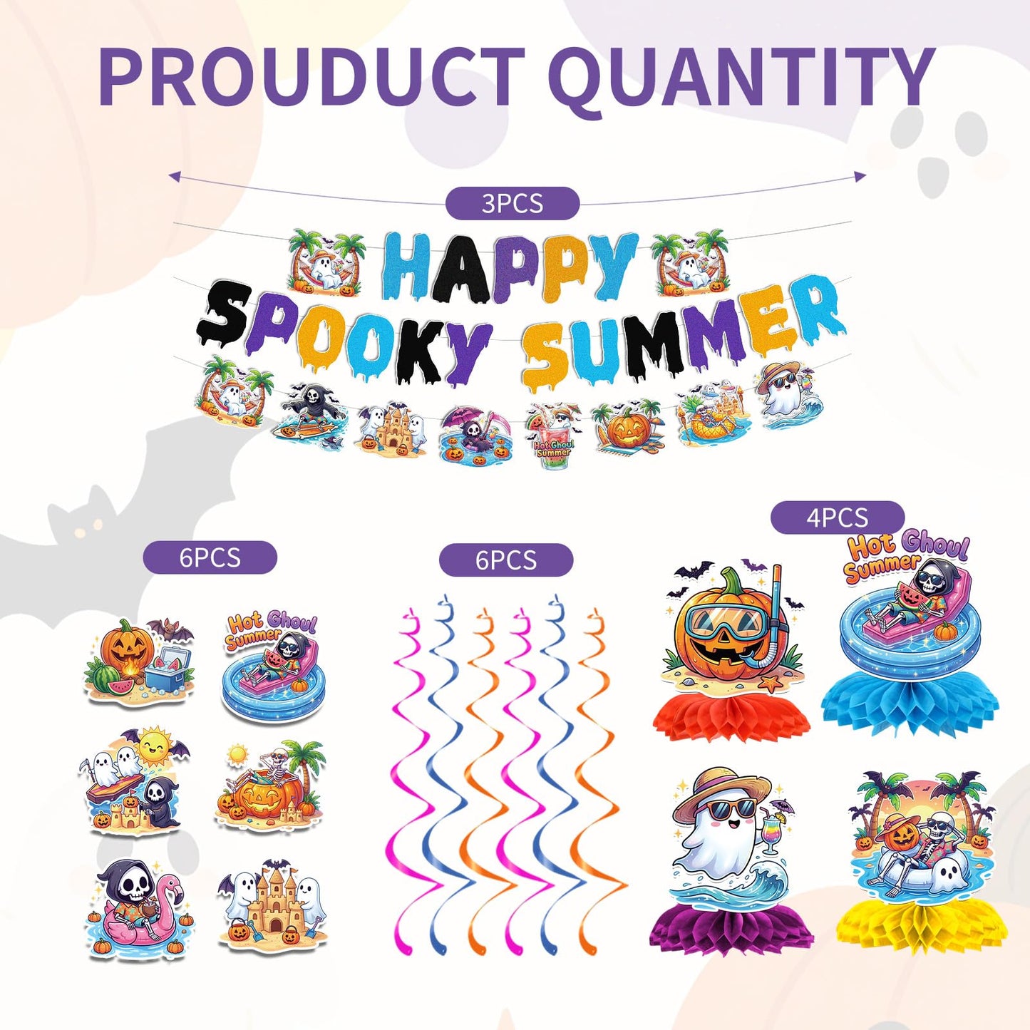 Papiailove Summer Halloween Party Decorations - 13Pcs Ghost and Pumpkin Theme Banners with Hanging Swirls, Honeycomb Centerpieces for Birthday Baby Shower Pool Party, Spooky Summer Party Decor