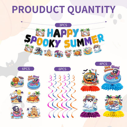 Papiailove Summer Halloween Party Decorations - 13Pcs Ghost and Pumpkin Theme Banners with Hanging Swirls, Honeycomb Centerpieces for Birthday Baby Shower Pool Party, Spooky Summer Party Decor