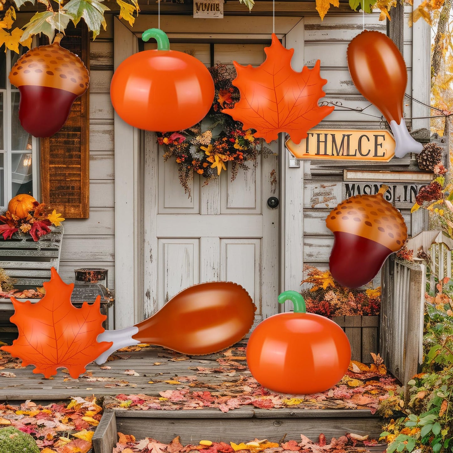 8 Pcs 24 Inch Thanksgiving Inflatable Turkey Legs Pumpkin Maple Leaves Pine Cones Outdoor Decorations Autumn Thanksgiving Blow up PVC Inflatable Hanging Ornaments for Indoor Outdoor Party Photo Props