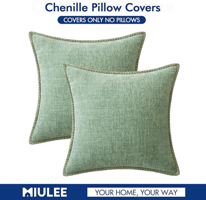 MIULEE Pack of 2 Summer Throw Pillow Covers 20x20 Inch Greyish Green Farmhouse Decorative Pillow Covers with Stitched Edge Soft Chenille Solid Dyed Pillow Covers for Couch Sofa Bed Living Room