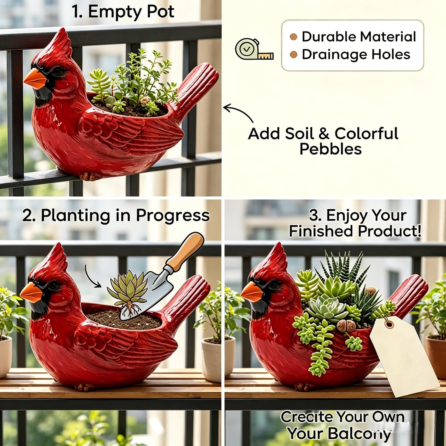 Resin Cardinal Bird Succulent Planter 7.8in with Drainage Hole Blue Shaped Flower Pot for Indoor Outdoor Garden Decor