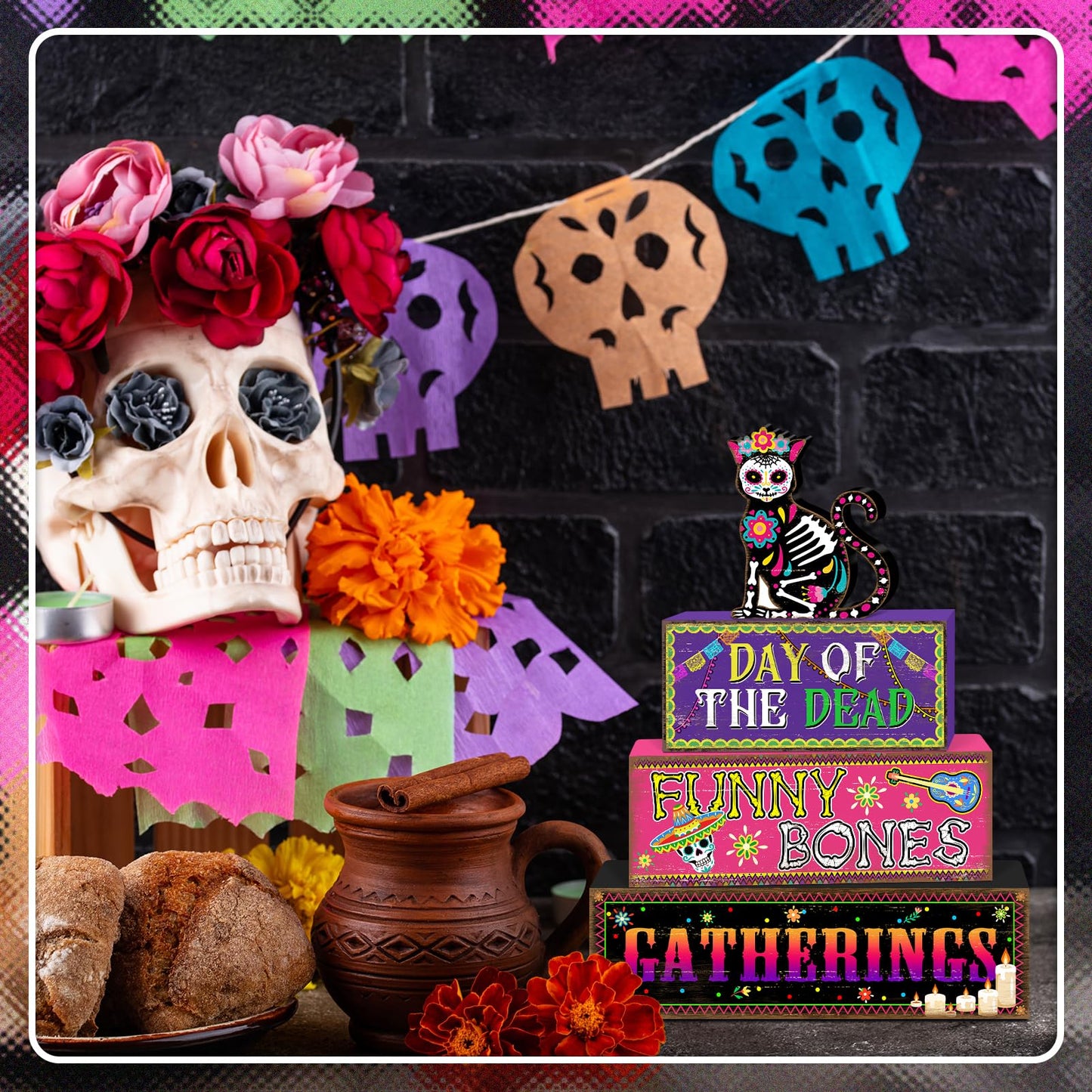 Britimes 4 Pcs Day of the Dead Table Decor Halloween Cat Tiered Tray Decorations Set Funny Bones Stack Block Signs Gift Rustic Farmhouse Tabletop Decor for Table & Home Office