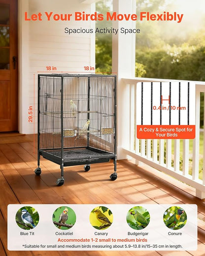 VEVOR Bird Cage, 18 x 18 x 30 inch, Open Flat Top, Wrought Iron Bird Flight Cage with Perches, Slide-Out Tray and Plastic Feeders, Casters, for Parrot, Blue Tit, Cockatiel, Canary, Budgerigar, Conure