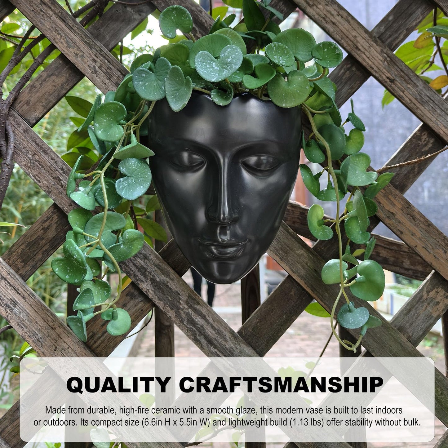 qumHmup Ceramic Face Wall Planter, Black Head Vase with Drainage Hole, Modern Art Indoor Outdoor Wall Mounted Succulent Planter, Elegant Home Garden Decor