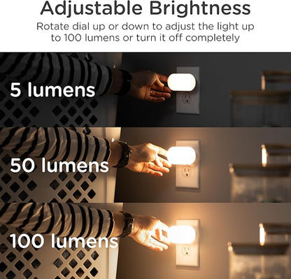 Lights By Night Bright LED Night Light Plugs Into Wall with Dusk to Dawn Sensor, Adjustable & Dimmable Up to 100 Lumens, Compact Nightlight for Bedroom Bathroom Hallway Kitchen Nursery, 2-Pack