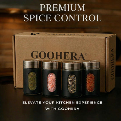 GOOHERA 4-Piece Salt and Pepper Shakers Set, 100mL (3.38oz) Each – Premium Stainless Steel Spice Dispensers with Adjustable Pour Holes – Black