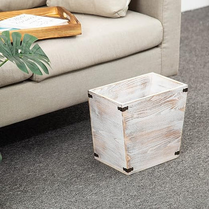 Grey Farmhouse Style Torched Wood Trash Can Waste Bin with Decorative Metal Brackets Trash Can for Bedroom,Living Room, Bathroom & Office (Washed White)