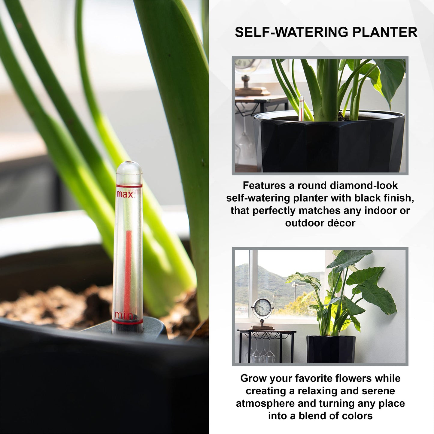 XBrand 30" H Black Plastic Self Watering Indoor Outdoor Diamond Look Round Planter Pot, Tall Decorative Gardening Pot, Home Décor Accent
