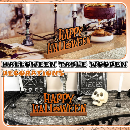 Yaocom 13.78 Inch Happy Halloween Sign Metal Halloween Decorations for Home Letter Tabletop Decoration with Wooden Base Cutout Word Table Centerpiece for Home Tiered Tray Centerpiece Mantel Shelf