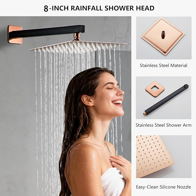 Rainfall Shower Faucet Set with Tub Spout 8 Inch, Shower Head and Handle with 2 Hooks, Rain Shower and Handheld Shower System Square Wall Mount for Bathroom