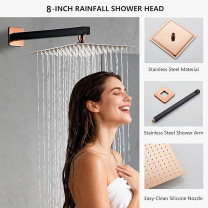 Rainfall Shower Faucet Set with Tub Spout 8 Inch, Shower Head and Handle with 2 Hooks, Rain Shower and Handheld Shower System Square Wall Mount for Bathroom