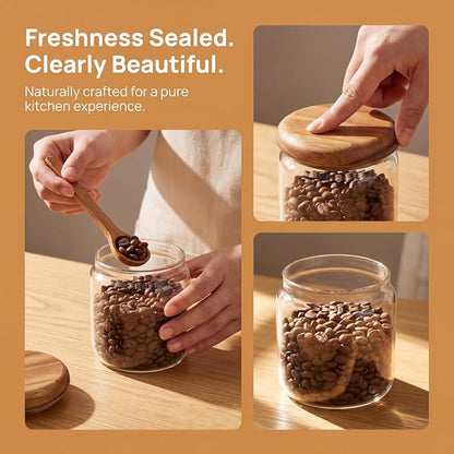 4-Pack 13 fl oz Wide Mouth Mason Jars with Spoon & Labels, Acacia Wood Lids, Press Seal, No Plastic, for Food, Snacks, Candy, Fruits, Coffee Beans, Spices & Dry Storage, Pantry Organizer.