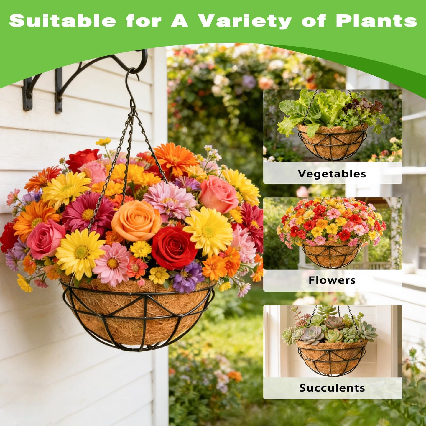 ZVOWOS 2 Pack 12 Inch Black Metal Hanging Basket Hanging Planter with Coco Coir Liner Heavy Duty Hanging Flower Pot Holder for Indoor Outdoor Patio Garden Porch Balcony Decor (Geometric)