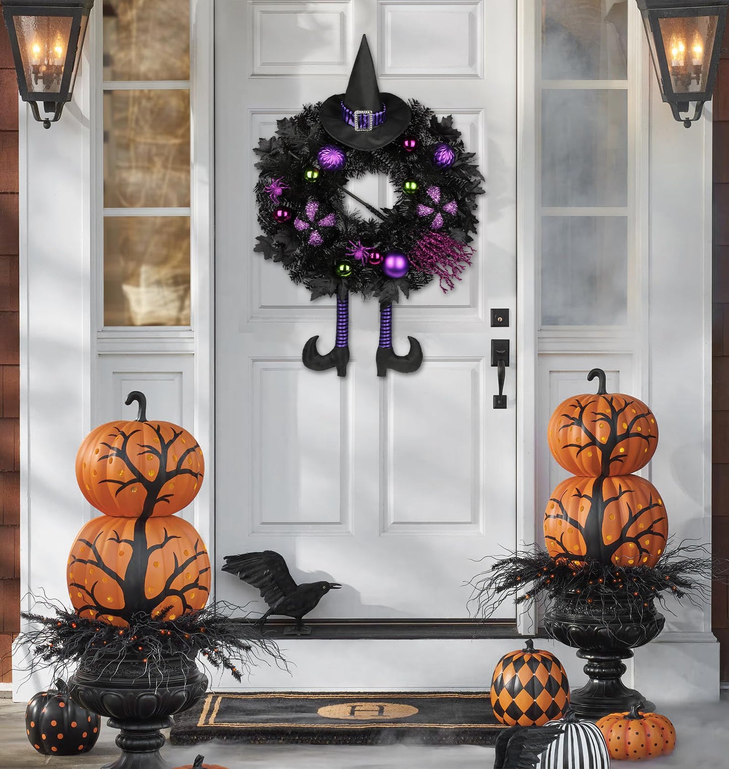 Halloween Wreath for Front Door 26" Tinsel Black Witch Wreath with Hat Legs and Purple Pumpkin for Fall Autumn Indoor Window Door Thanksgiving Halloween Decorations