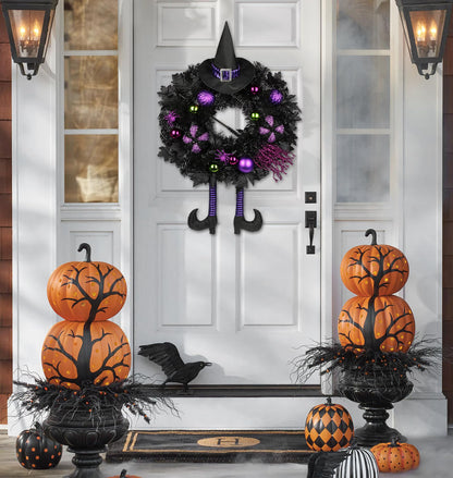 Halloween Wreath for Front Door 26" Tinsel Black Witch Wreath with Hat Legs and Purple Pumpkin for Fall Autumn Indoor Window Door Thanksgiving Halloween Decorations