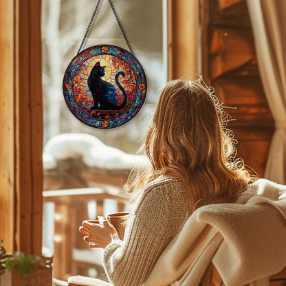 Hxlac Black Cat Christmas Suncatcher Stained Glass Window Hanging, Gothic Black Cat Flower Sun Catchers Indoor Window Glass Round Wall Decor, Halloween Wall Art Hanging Decorations, ＂7.8x7.8＂