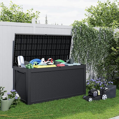 ROJIK Outdoor Storage Housing Deck Box,Waterproof Patio Furniture, Garden Tools, Cushions, Pool Accessories Storage Bench with Lockable Lid and Side Handles (Black,320 Gallon)