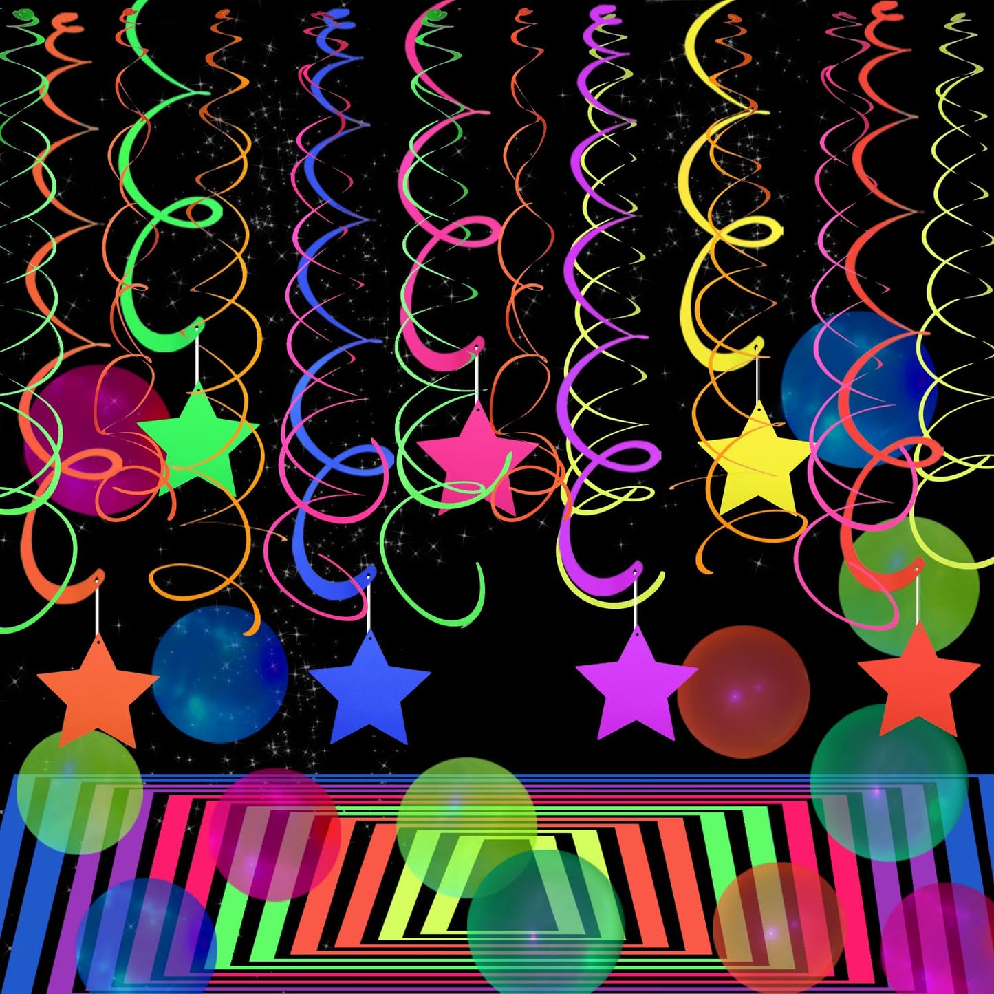 56 Pieces UV Hanging Swirls Decorations Paper Neon Streamer for Ceiling Star Neon Garlands Black Light Neon Decorations for Dark Glow Party Supplies and Decorations Birthday Neon Party Favors