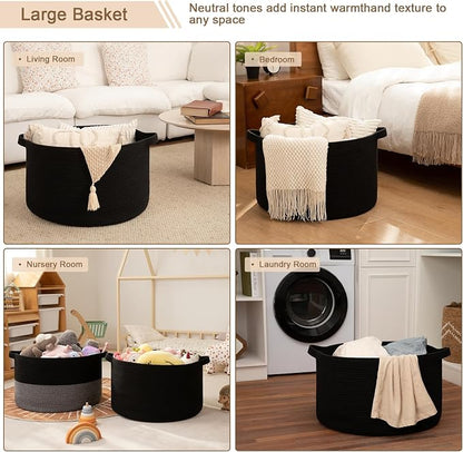 OIAHOMY 115L Extra Large Blanket Basket for Living Room, 23.6" x 15.4" Woven Cotton Rope Laundry Basket for Organizing Pillows, Decorative Stuffed Animal Toy Storage for Nursery, Black