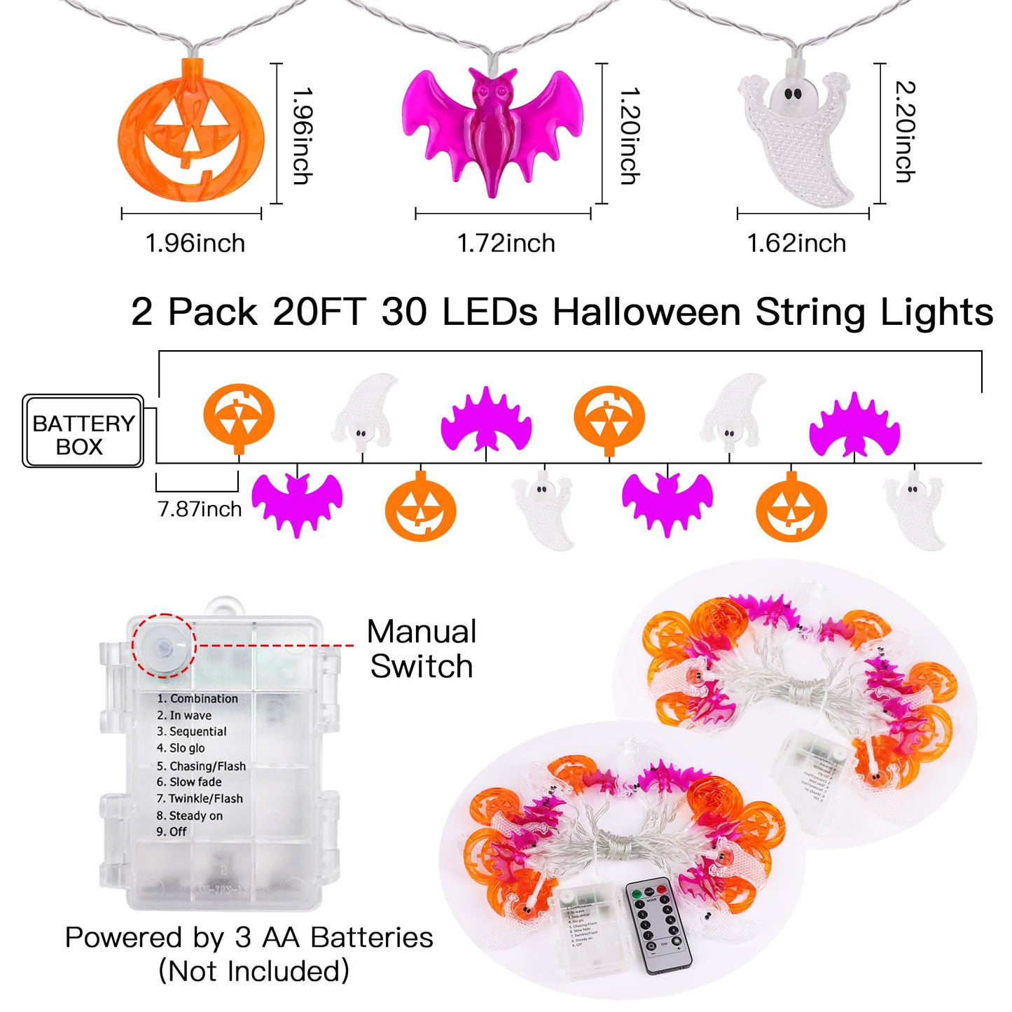 2 Pack Halloween Lights Indoor Outdoor Decorations Total 40FT 60 LED Pumpkin Bat Ghost Halloween String Lights Battery Operated, 8 Modes Waterproof Spooky Fairy Lights Home Yard Window Outside Decor