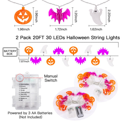 2 Pack Halloween Lights Indoor Outdoor Decorations Total 40FT 60 LED Pumpkin Bat Ghost Halloween String Lights Battery Operated, 8 Modes Waterproof Spooky Fairy Lights Home Yard Window Outside Decor