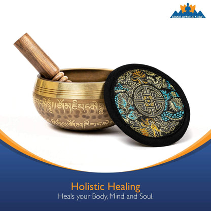 Tibetan Singing Bowl Set with Holy Buddhist Mantra and Sacred Third Eye Symbol from Nepal~ Antique design suitable for Yoga, Meditation, Sound Healing & Chakra Balancing~