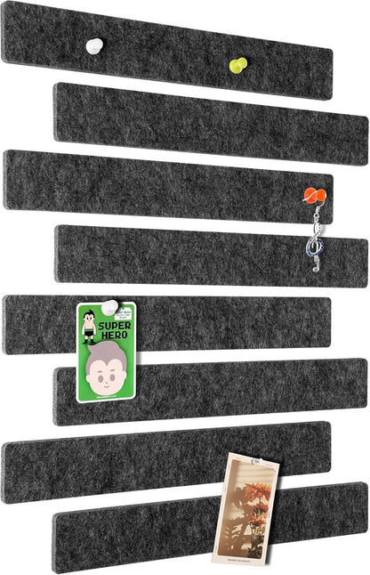 GoTiling Cork Board for Walls - 8 Pack Felt Pin Board Bar Strips - Self-Adhesive Lightweight Bulletin Board - Cork Board for Office with 40 Push Pins No Damage for Wall (Dark Grey)
