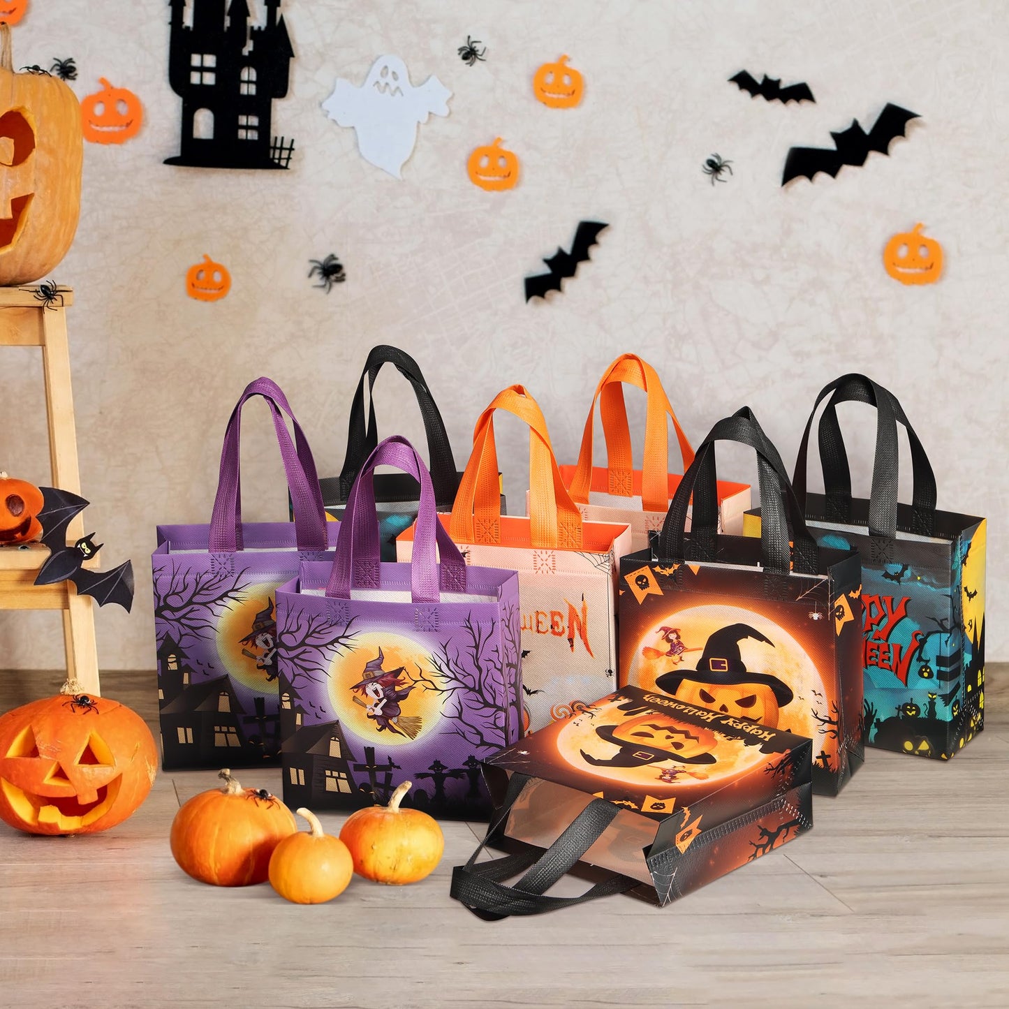 TONESPAC 24 PCS Halloween Trick or Treat Bags, Non-woven Reusable Tote Halloween Candy Gift Bags with Handles for Gift Giving, Party and Trick or Treat (7.9 x 7.9 x 3.15 inch)